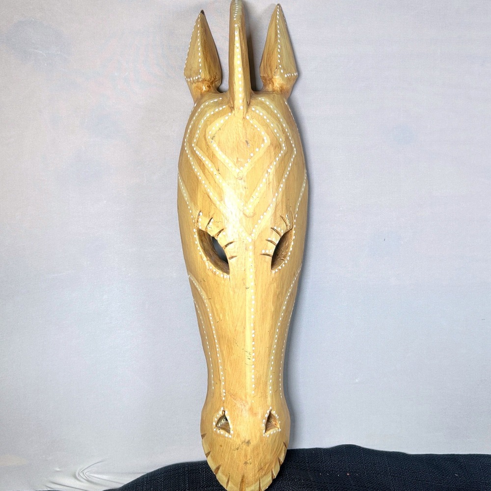 Vintage Hand Carved Wood African Tribal Antelope Mask 20" Wall Decor